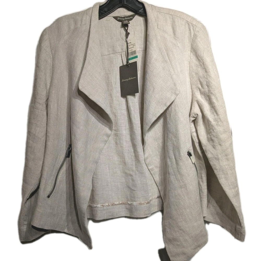 Tommy Bahama Jacket Womens L Beige 100% Linen Twill Open Malene Zip Pocket NWT
